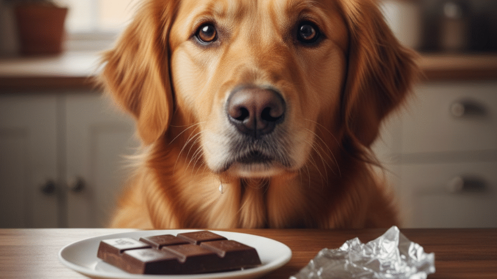 Cão olhando para um pedaço de chocolate